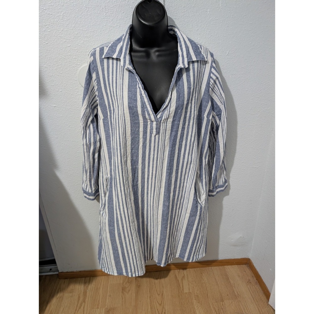 Mlle Gabrielle Cotton Striped Shirt Dress 1X Blue/White Coastal Beachy Vacation